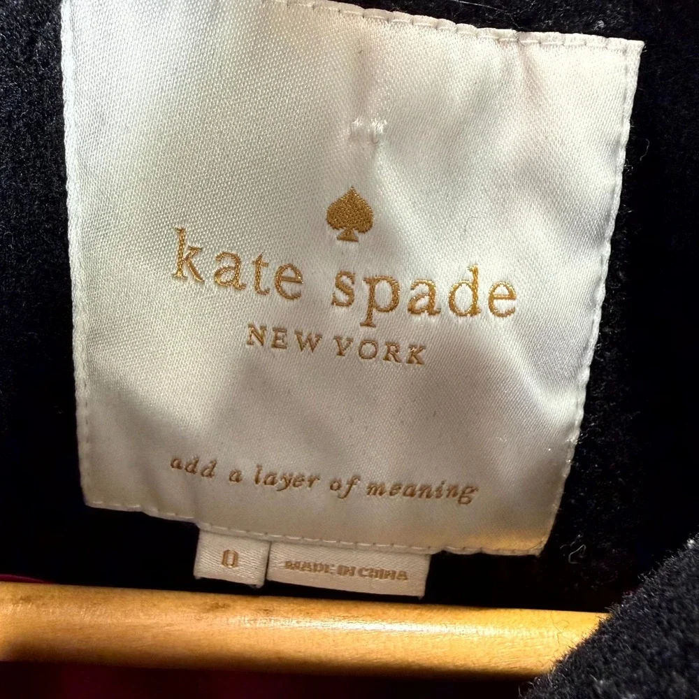 Kate Spade Women's Bow Neck Ribbon Coat Size 0 Black Wool Peacoat Front Button